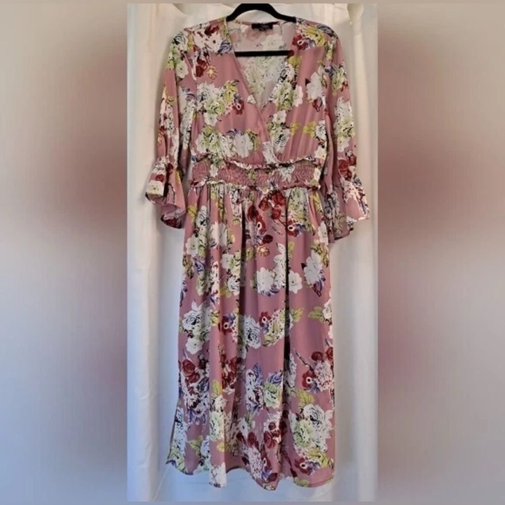 Suzanne Betro Dusty Rose Floral Shirred-Waist Slip Lining Midi Dress